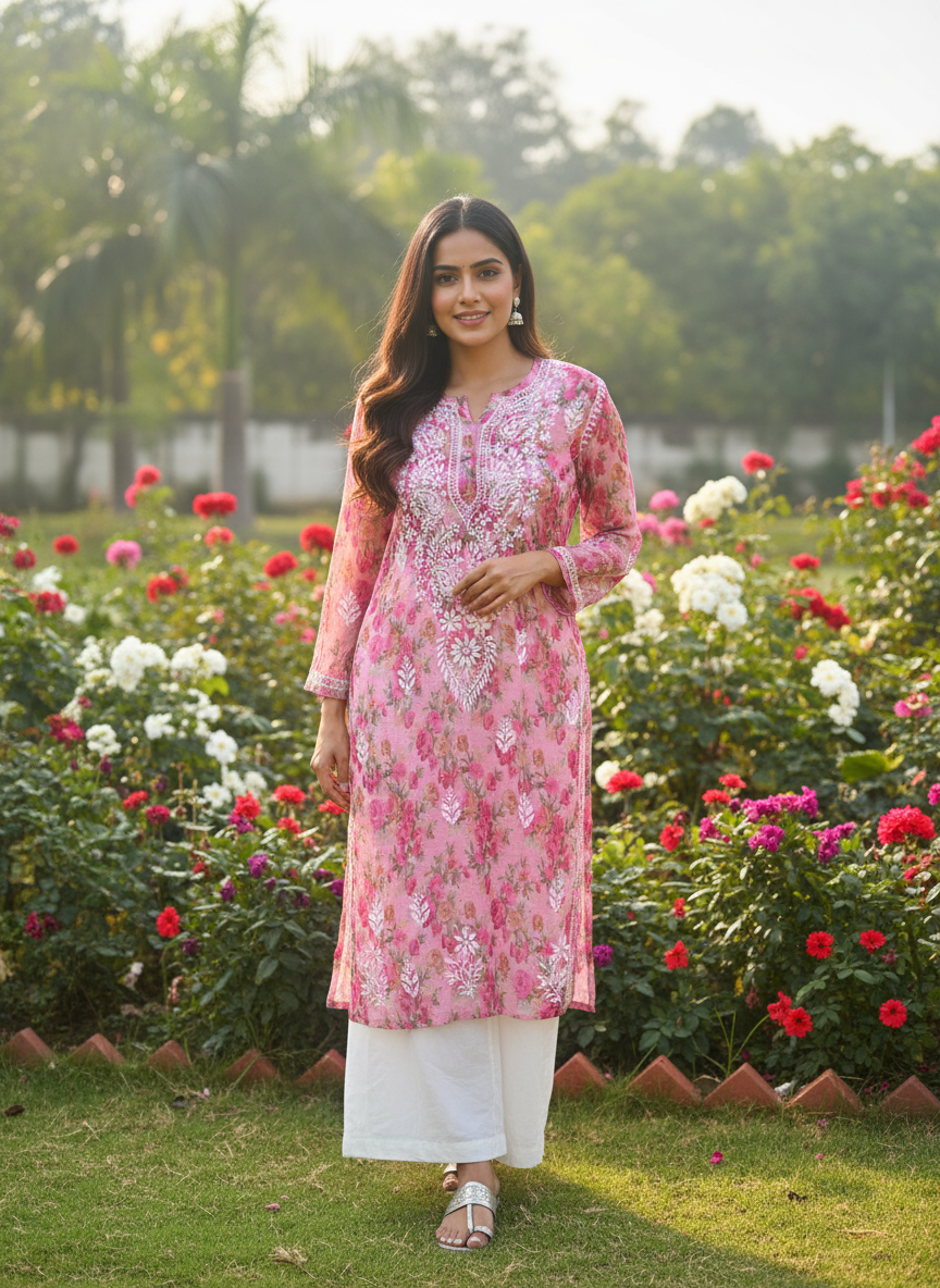 Marwah floral pink Kota kurta