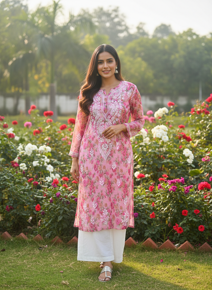 Marwah floral pink Kota kurta