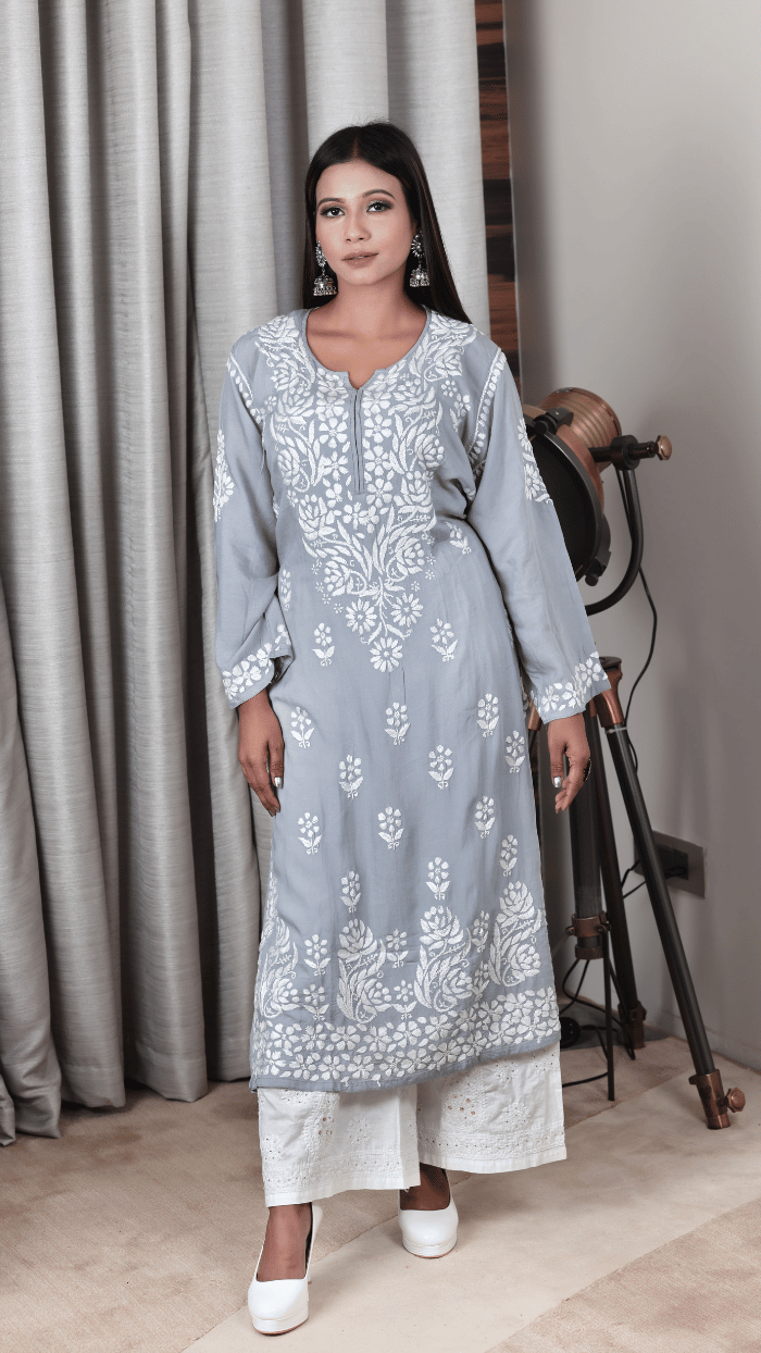 Anokhi Grey Viscose Embroidered Kurti With Fancy Pant | Bhadar